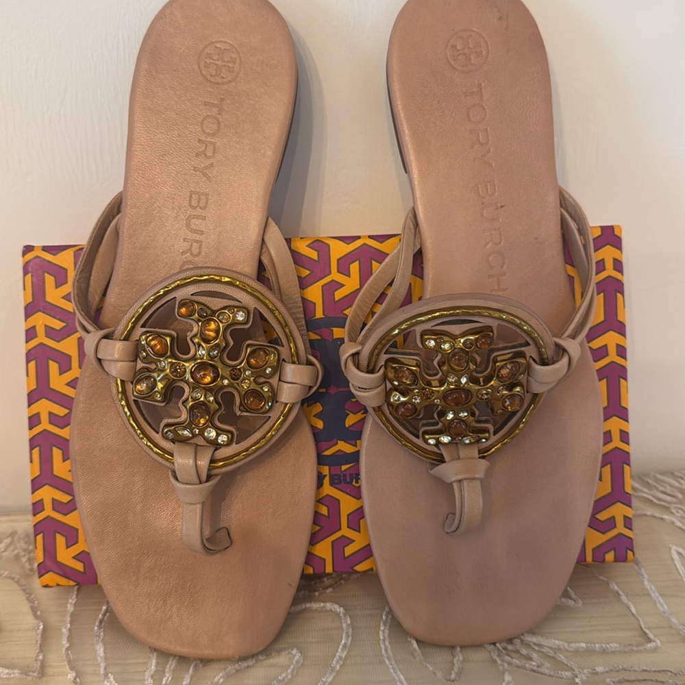Tory Burch  MillerGold Tan Sandals with Medallion jewels - Picture 5 of 13